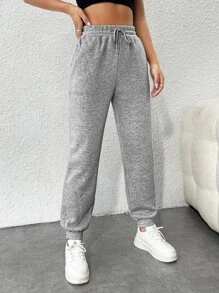 SHEIN PETITE Drawstring Waist Slant Pocket Sweatpants Graduation,Back To School Outfits,Graduation,Teacher Outfits For Women,Back To School - Light Grey - View 3