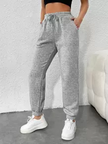 SHEIN PETITE Drawstring Waist Slant Pocket Sweatpants Graduation,Back To School Outfits,Graduation,Teacher Outfits For Women,Back To School - Light Grey - View 4