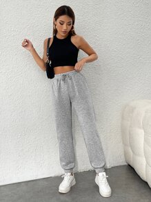 SHEIN PETITE Drawstring Waist Slant Pocket Sweatpants Graduation,Back To School Outfits,Graduation,Teacher Outfits For Women,Back To School - Light Grey - View 5