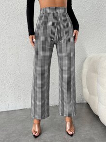 SHEIN PETITE Plaid Print Straight Leg Trousers - Grey - View 1