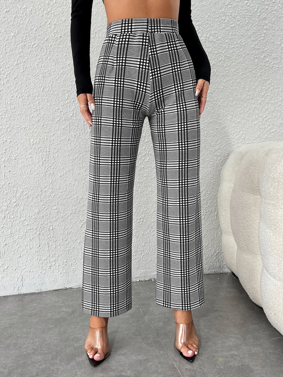SHEIN PETITE Plaid Print Straight Leg Trousers - Grey - View 1