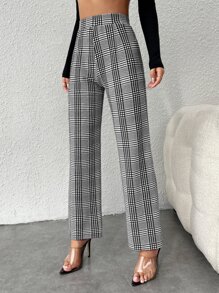 SHEIN PETITE Plaid Print Straight Leg Trousers - Grey - View 3