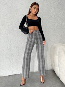 SHEIN PETITE Plaid Print Straight Leg Trousers - Grey - View 4