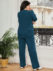 Mulvari Plus Cable Knit Drop Shoulder Jumper & Knit Trousers - Teal Blue - View 2