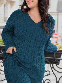 Mulvari Plus Cable Knit Drop Shoulder Jumper & Knit Trousers - Teal Blue - View 5