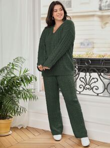 Mulvari Jersey tejido de cable de hombros caídos con pantalones tejidos - Verde militar - Ver 7