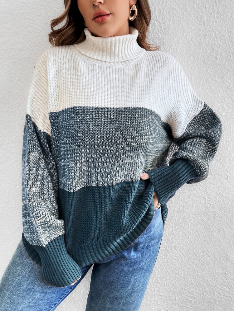 Plus Color Block Turtleneck Drop Shoulder Sweater, For Winter Knit Pullover Fall Autumn