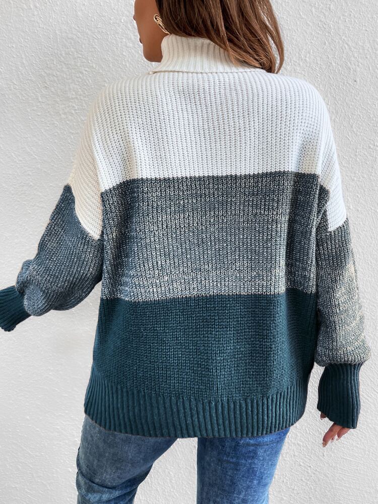 Plus Color Block Turtleneck Drop Shoulder Sweater, For Winter Knit Pullover Fall Autumn