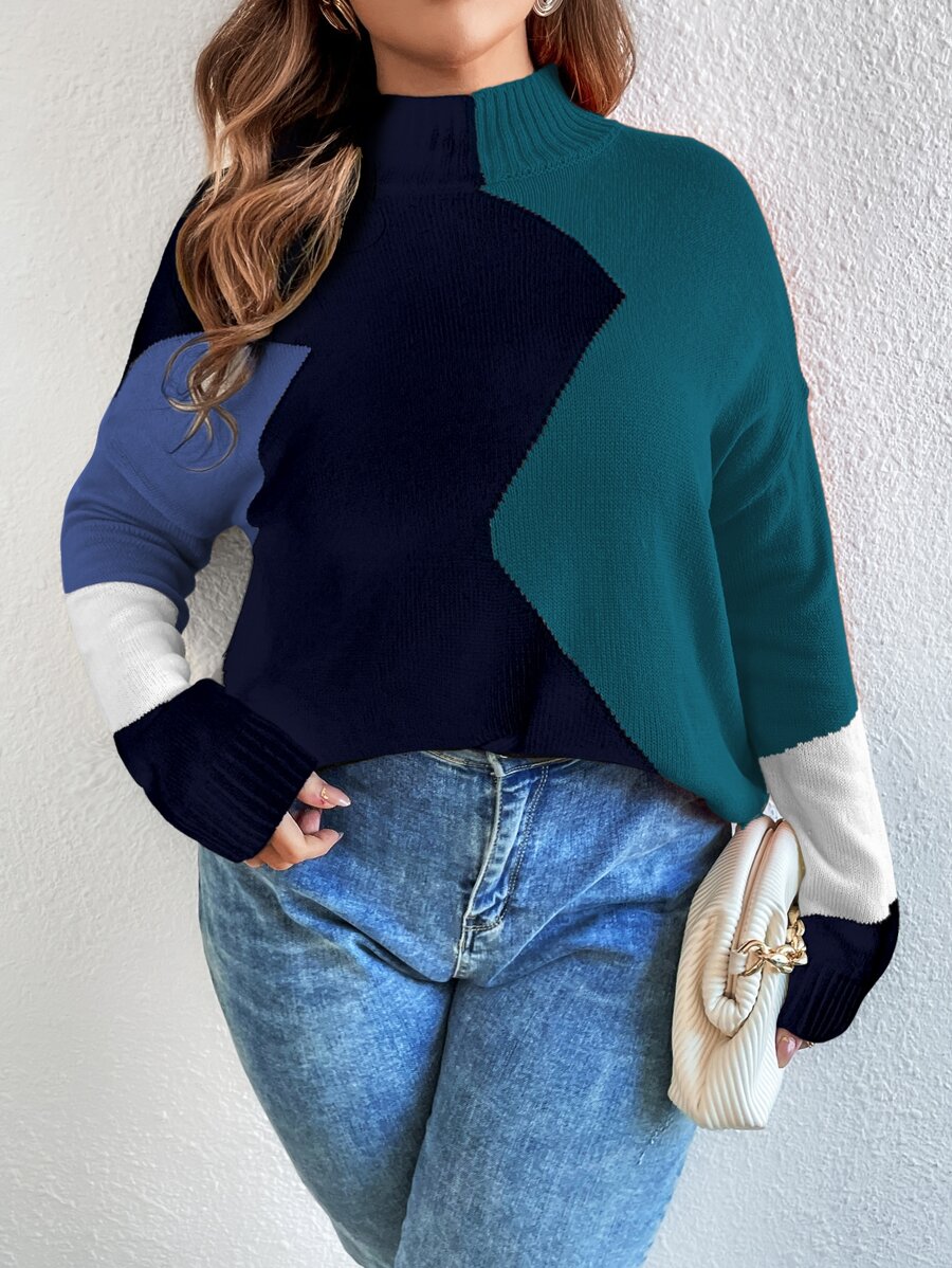 SHEIN LUNE Plus Colour Block Mock Neck Drop Shoulder Jumper - Multicolor - View 1