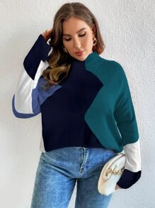 SHEIN LUNE Plus Colour Block Mock Neck Drop Shoulder Jumper - Multicolor - View 3