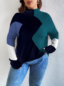 SHEIN LUNE Plus Colour Block Mock Neck Drop Shoulder Jumper - Multicolor - View 5