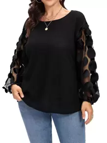 SHEIN Clasi áo nữ kích thước lớn Tương phản Mesh Đề can màu trơn Giải trí - màu đen - Xem 1