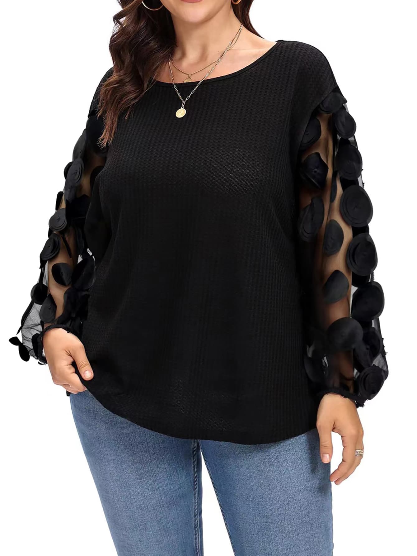 SHEIN Clasi áo nữ kích thước lớn Tương phản Mesh Đề can màu trơn Giải trí - màu đen - Xem 1