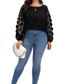 SHEIN Clasi áo nữ kích thước lớn Tương phản Mesh Đề can màu trơn Giải trí - màu đen - Xem 3