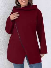 SHEIN LUNE Plus Zip Up Split Hem Hooded Coat - Burgundy - View 1