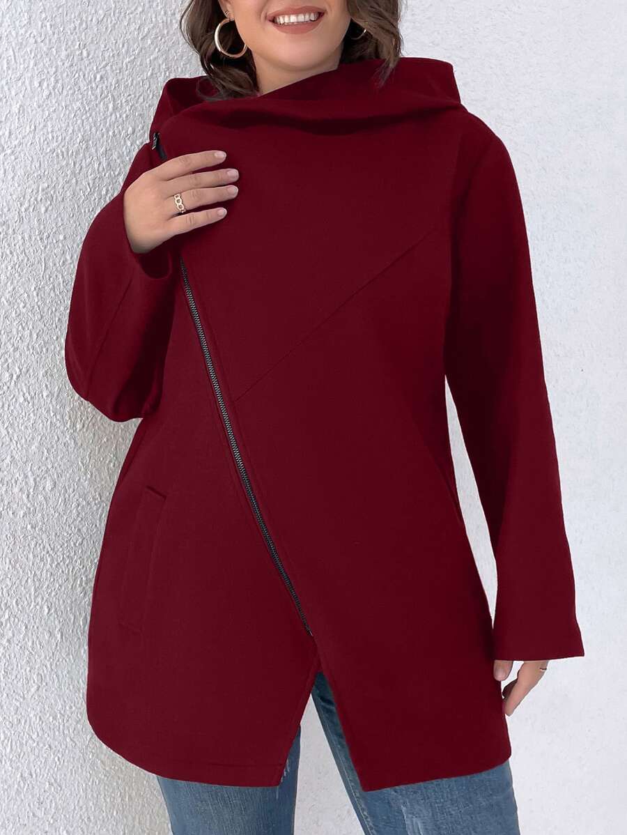 SHEIN LUNE Plus Zip Up Split Hem Hooded Coat - Burgundy - View 1