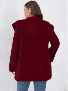 SHEIN LUNE Plus Zip Up Split Hem Hooded Coat - Burgundy - View 2