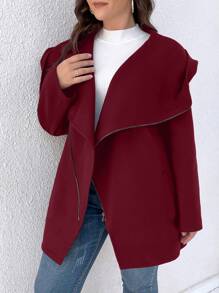 SHEIN LUNE Plus Zip Up Split Hem Hooded Coat - Burgundy - View 4