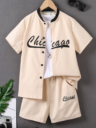 SHEIN Tween Boy Letter Graphic Baseball Collar Shirt & Shorts Without Tee