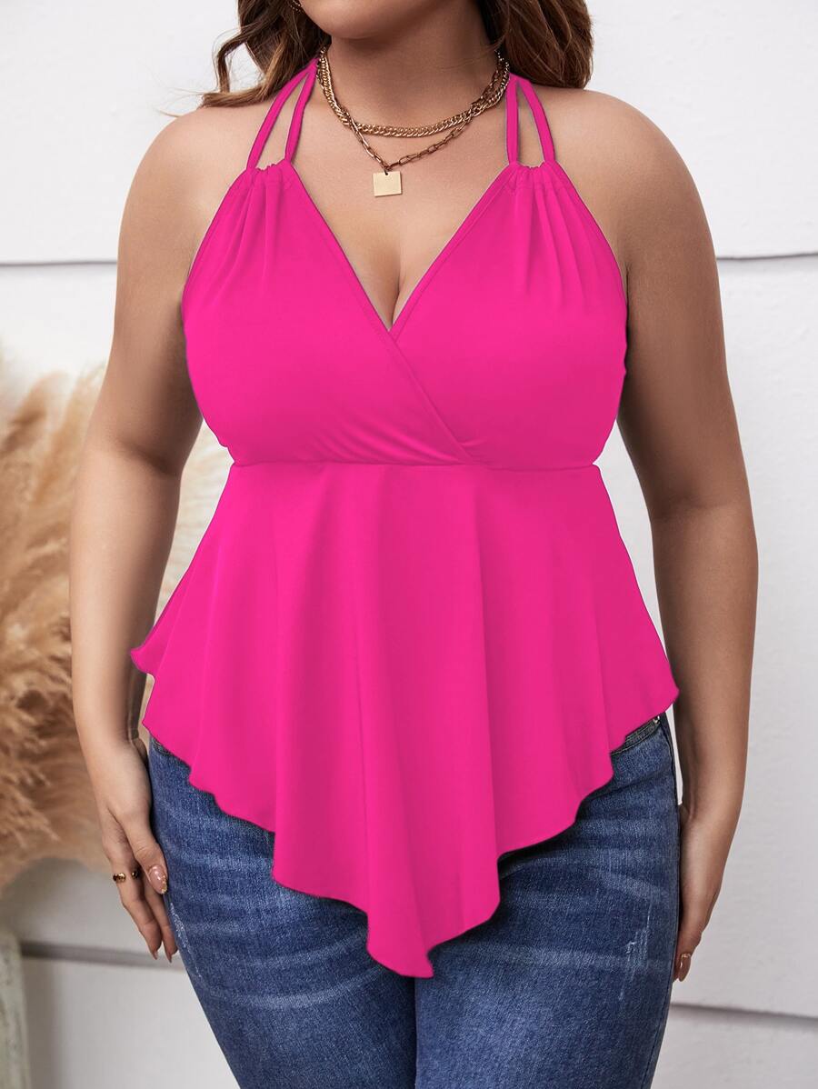SHEIN Holidaya Plus Tie Backless Hanky Hem Halter Top - Hot Pink - View 1