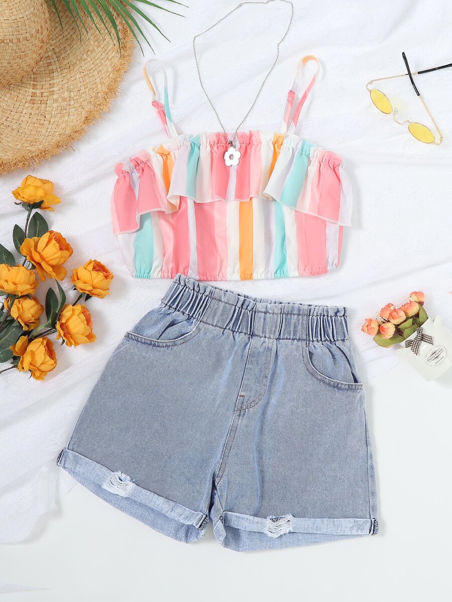 SHEIN Girls Block Striped Print Ruffle Trim Cami Top & Ripped Denim Shorts - Multicolor - View 1