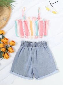 SHEIN Girls Block Striped Print Ruffle Trim Cami Top & Ripped Denim Shorts - Multicolor - View 2
