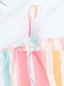 SHEIN Girls Block Striped Print Ruffle Trim Cami Top & Ripped Denim Shorts - Multicolor - View 3