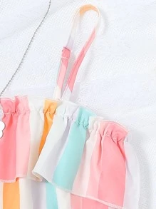 SHEIN Girls Block Striped Print Ruffle Trim Cami Top & Ripped Denim Shorts - Multicolor - View 4