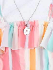 SHEIN Girls Block Striped Print Ruffle Trim Cami Top & Ripped Denim Shorts - Multicolor - View 5