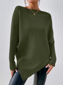 SHEIN Essnce Batwing Sleeve Asymmetrical Hem Jumper - Army Green - View 1