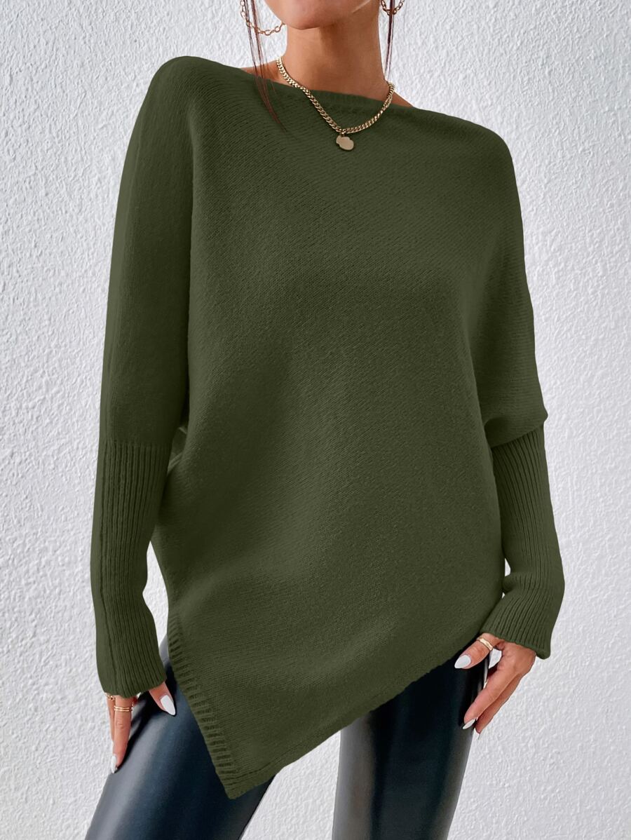 SHEIN Essnce Batwing Sleeve Asymmetrical Hem Jumper - Army Green - View 1