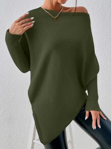 SHEIN Essnce Batwing Sleeve Asymmetrical Hem Jumper - Army Green - View 3