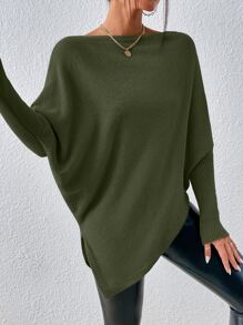 SHEIN Essnce Batwing Sleeve Asymmetrical Hem Jumper - Army Green - View 4