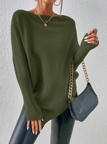 SHEIN Essnce Batwing Sleeve Asymmetrical Hem Jumper - Army Green - View 5
