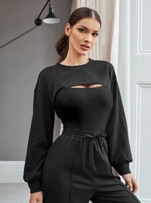 Muchica Drop Shoulder Super Crop Pullover - Black - View 4