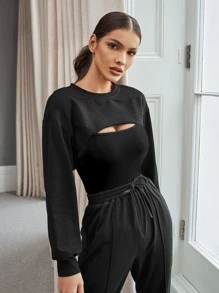 Muchica Drop Shoulder Super Crop Pullover - Black - View 1