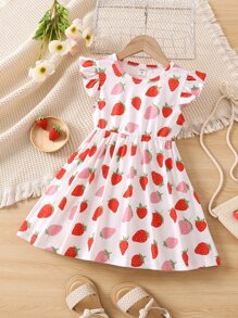 SHEIN Young Girl White Fruit & Vegetable Print Round Neck Ruffle Sleeve Dress, Perfect For Summer Vacation - White - View 1