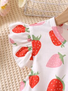 SHEIN Young Girl White Fruit & Vegetable Print Round Neck Ruffle Sleeve Dress, Perfect For Summer Vacation - White - View 3