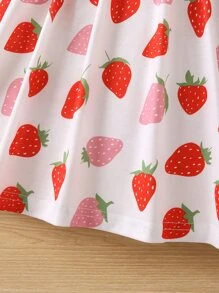 SHEIN Young Girl White Fruit & Vegetable Print Round Neck Ruffle Sleeve Dress, Perfect For Summer Vacation - White - View 4