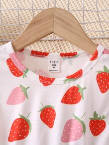SHEIN Young Girl White Fruit & Vegetable Print Round Neck Ruffle Sleeve Dress, Perfect For Summer Vacation - White - View 5