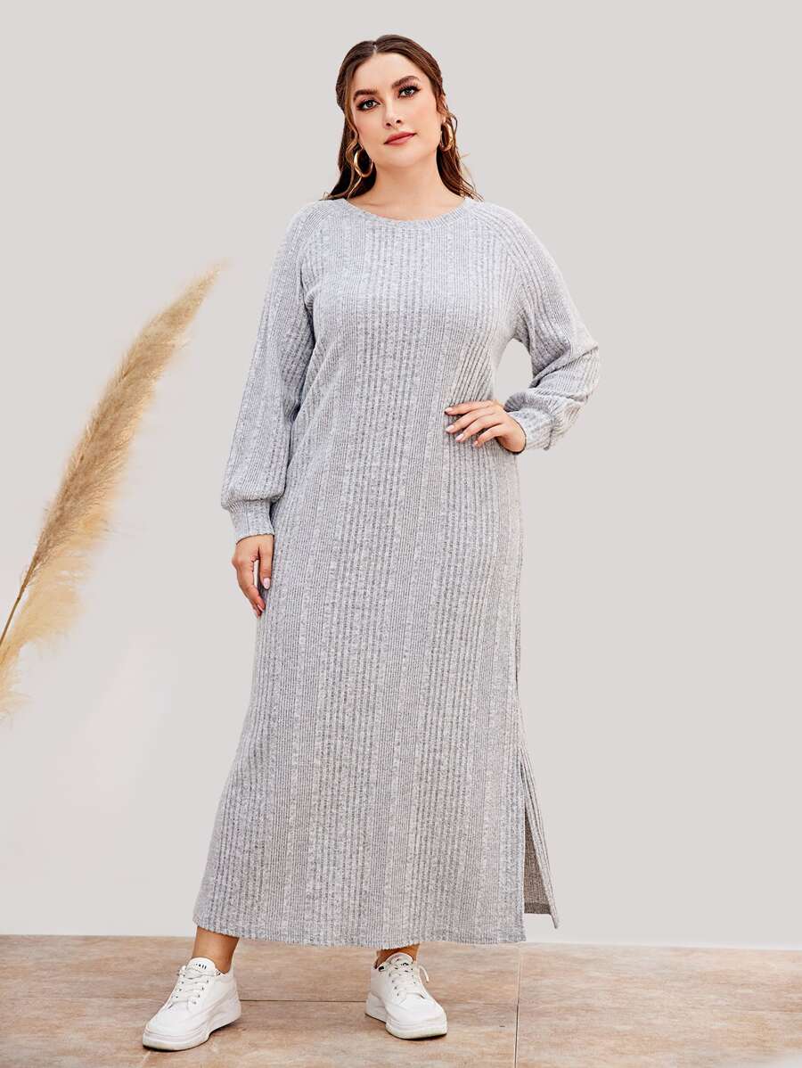 Mulvari Plus Split Hem Raglan Sleeve Dress - Light Grey - View 1