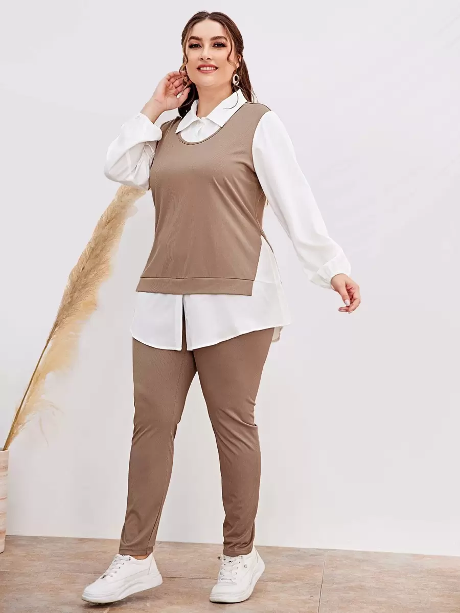 Mulvari Bộ thời trang Plus Size Nút Chia Khối Màu Giải trí - Nhiều màu - Xem 1