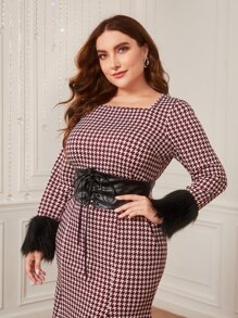 Modelyn Plus Houndstooth Print Fuzzy Cuff Lace Up Front Mermaid Hem Dress - Burgundy - View 5