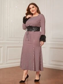 Modelyn Plus Houndstooth Print Fuzzy Cuff Lace Up Front Mermaid Hem Dress - Burgundy - View 1