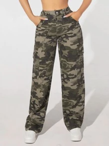 SHEIN PETITE Camo Print Flap Pocket Cargo Jeans - Multicolor - View 4