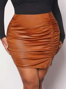 SHEIN SXY Plus Ruched Split Hem PU Leather Bodycon Skirt - Brown - View 4