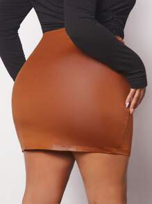 SHEIN SXY Plus Ruched Split Hem PU Leather Bodycon Skirt - Brown - View 2