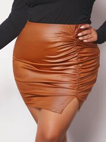 SHEIN SXY Plus Ruched Split Hem PU Leather Bodycon Skirt - Brown - View 5