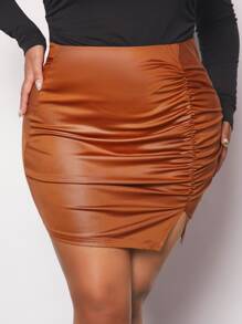 SHEIN SXY Plus Ruched Split Hem PU Leather Bodycon Skirt - Brown - View 6