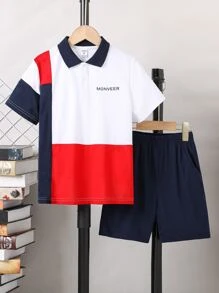 SHEIN Bộ hai mảnh Trai Túi Nút phía trước Khối Màu Lá thư Giải trí - Nhiều màu - Xem 1